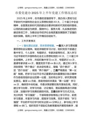 市委党建办2025年上半年党建工作情况总结