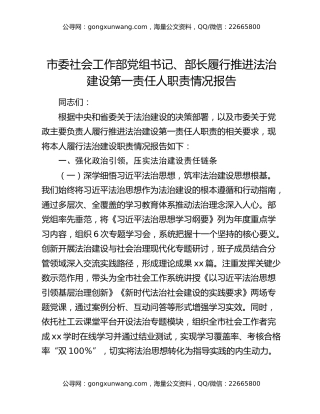 市委社会工作部党组书记、部长履行推进法治建设第一责任人职责情况报告