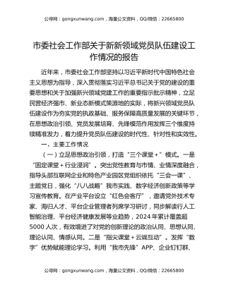 市委社会工作部关于新新领域党员队伍建设工作情况的报告