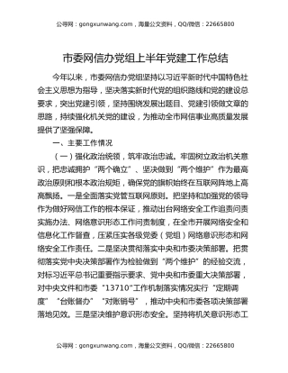 市委网信办党组上半年党建工作总结
