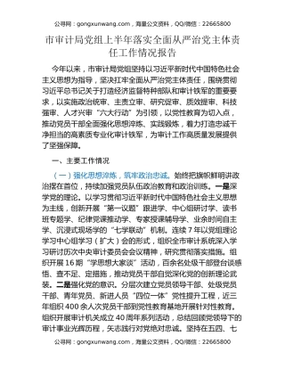市审计局党组上半年落实全面从严治党主体责任工作情况报告