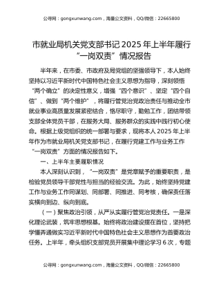 市就业局机关党支部书记2025年上半年履行“一岗双责”情况报告