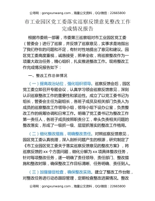 市工业园区党工委落实巡察反馈意见整改工作完成情况报告