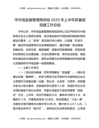 市市场监督管理局党组2025年上半年抓基层党建工作总结