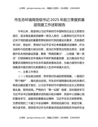 市生态环境局党组书记2025年前三季度抓基层党建工作述职报告