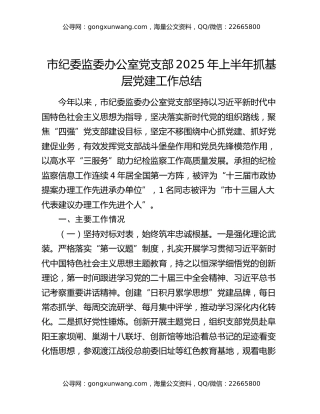 市纪委监委办公室党支部2025年上半年抓基层党建工作总结