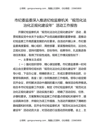 市纪委监委深入推进纪检监察机关“规范化法治化正规化建设年”活动工作报告
