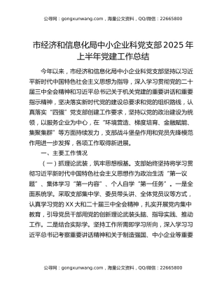 市经济和信息化局中小企业科党支部2025年上半年党建工作总结