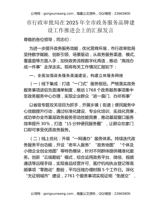 市行政审批局在2025年全市政务服务品牌建设工作推进会上的汇报发言