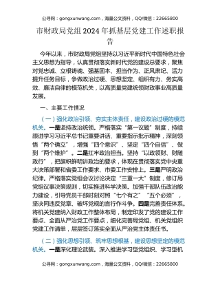 市财政局党组2024年抓基层党建工作述职报告