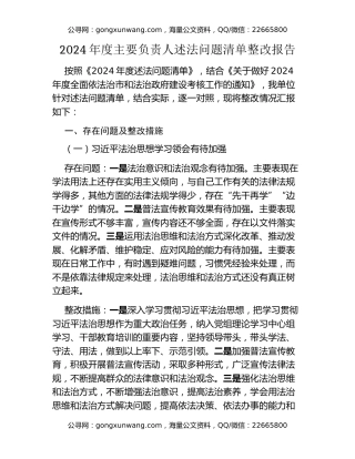 年度主要负责人述法问题清单整改报告