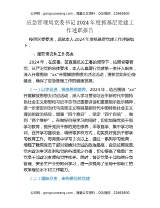 应急管理局党委书记2024年度抓基层党建工作述职报告