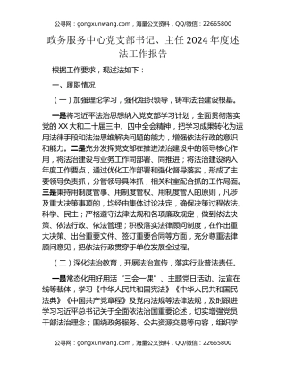 政务服务中心党支部书记、主任2024年度述法工作报告