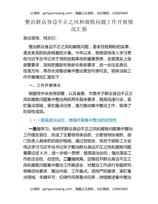 整治群众身边不正之风和腐败问题工作开展情况汇报