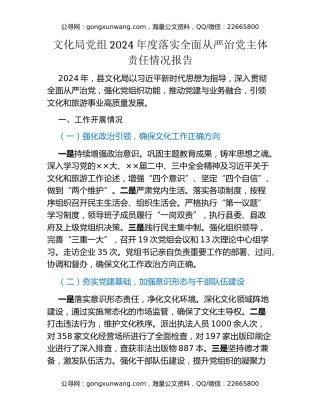 文化局党组2024年度落实全面从严治党主体责任情况报告