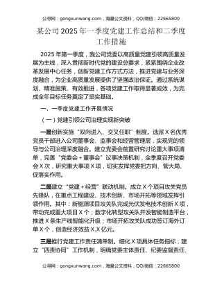 某公司2025年一季度党建工作总结和二季度工作措施