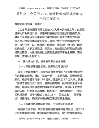 某县总工会关于2025年维护劳动领域政治安全的工作汇报
