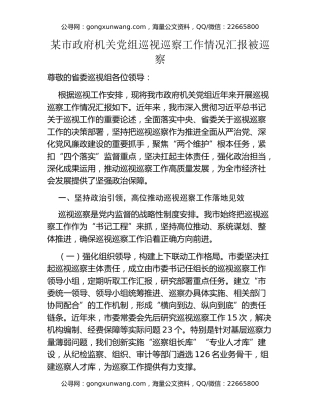 某市政府机关党组巡视巡察工作情况汇报（被巡察）