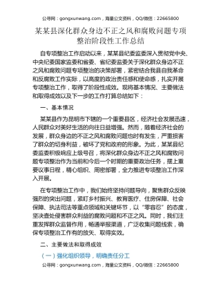 某某县深化群众身边不正之风和腐败问题专项整治阶段性工作总结