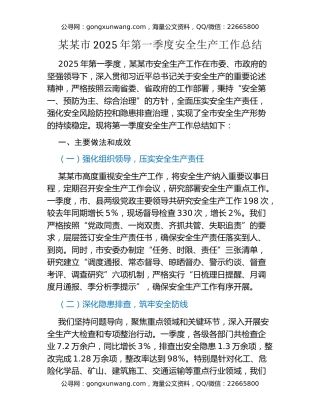 某某市2025年第一季度安全生产工作总结