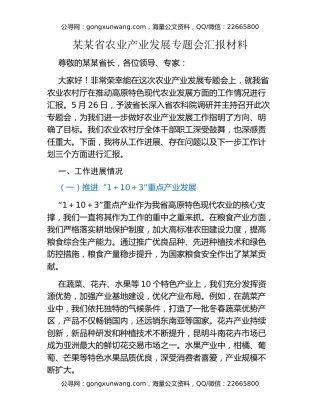 某某省农业产业发展专题会汇报材料