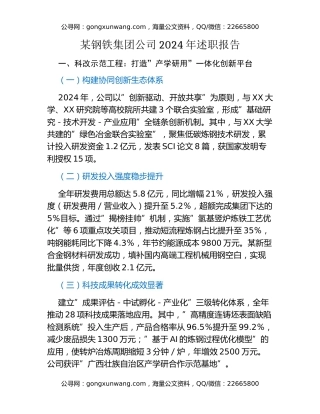 某钢铁集团公司2024年述职报告