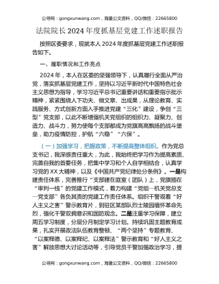 法院院长2024年度抓基层党建工作述职报告