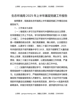 生态环境局2025年上半年基层党建工作报告