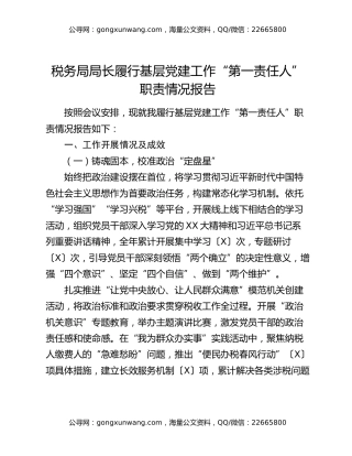税务局局长履行基层党建工作“第一责任人”职责情况报告