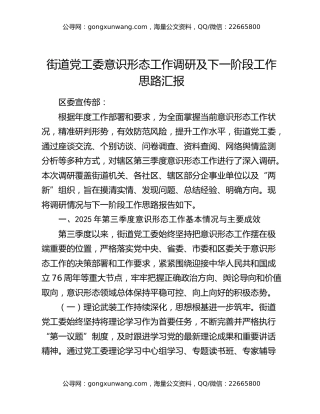 街道党工委意识形态工作调研及下一阶段工作思路汇报