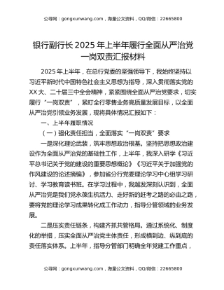 银行副行长2025年上半年履行全面从严治党一岗双责汇报材料 (2)