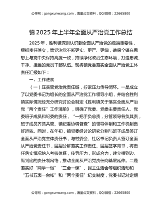 镇2025年上半年全面从严治党工作总结