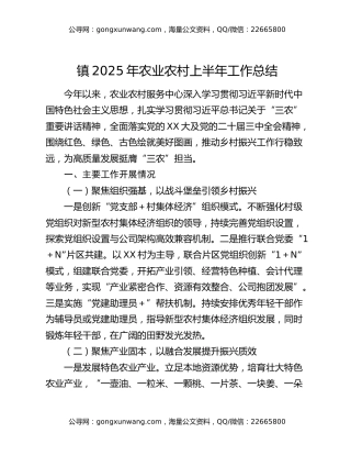 镇2025年农业农村上半年工作总结
