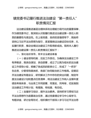 镇党委书记履行推进法治建设“第一责任人”职责情况汇报