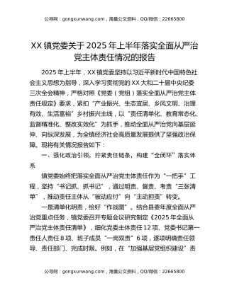 镇党委关于2025年上半年落实全面从严治党主体责任情况的报告（3）