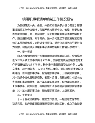 镇履职事项清单编制工作情况报告