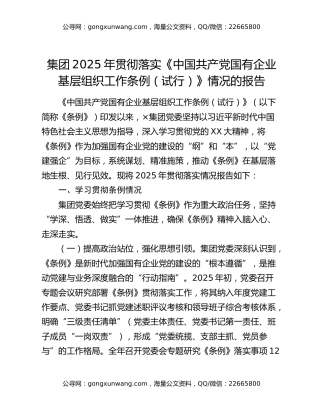 集团2025年贯彻落实《中国共产党国有企业基层组织工作条例（试行）》情况的报告