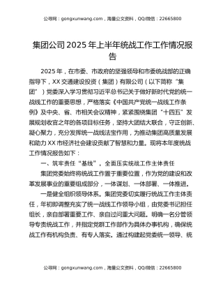 集团公司2025年上半年统战工作工作情况报告