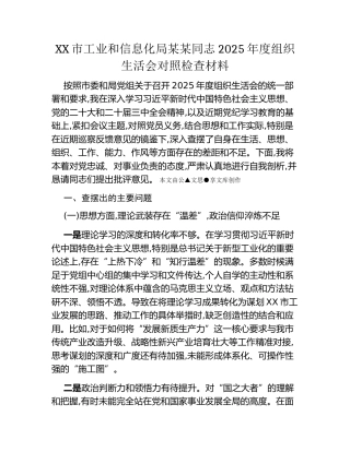 XX市工业和信息化局某某同志2025年度组织生活会对照检查材料