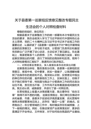 关于县委第一巡察组反馈意见整改专题民主生活会的个人对照检查材料