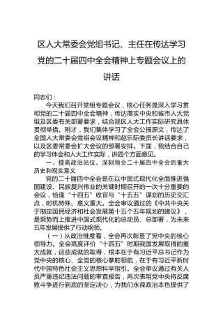 区人大常委会党组书记、主任在传达学习党的二十届四中全会精神上专题会议上的讲话