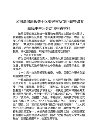 区司法局局长关于区委巡察反馈问题整改专题民主生活会对照检查材料