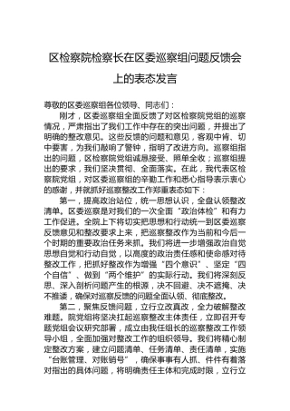 区检察院检察长在区委巡察组问题反馈会上的表态发言