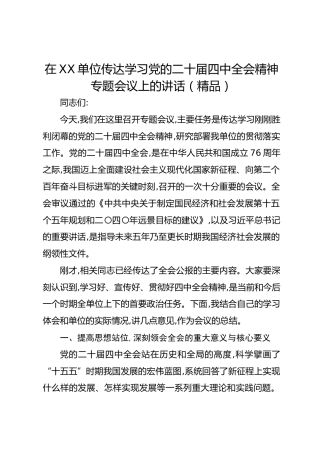 在XX单位传达学习党的二十届四中全会精神专题会议上的讲话