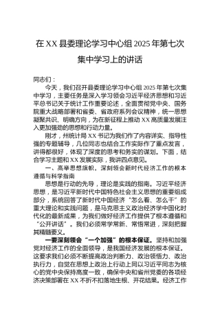 在XX县委理论学习中心组2025年第七次集中学习上的讲话