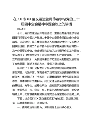 在XX市XX区交通运输局传达学习党的二十届四中全会精神专题会议上的讲话