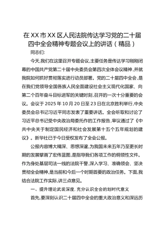 在XX市XX区人民法院传达学习党的二十届四中全会精神专题会议上的讲话
