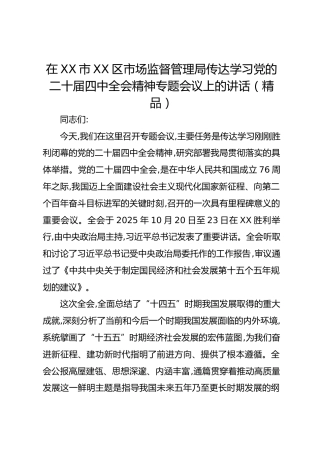 在XX市XX区市场监督管理局传达学习党的二十届四中全会精神专题会议上的讲话