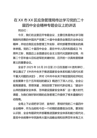 在XX市XX区应急管理局传达学习党的二十届四中全会精神专题会议上的讲话(1)