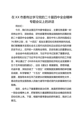 在XX市委传达学习党的二十届四中全会精神专题会议上的讲话(1)